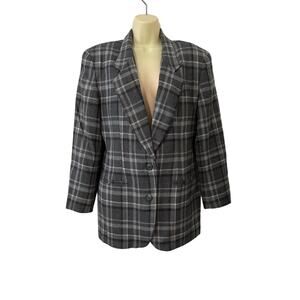Liz Claiborne Collection Vintage Gray Plaid Wool Blazer size 8 Lined Academia